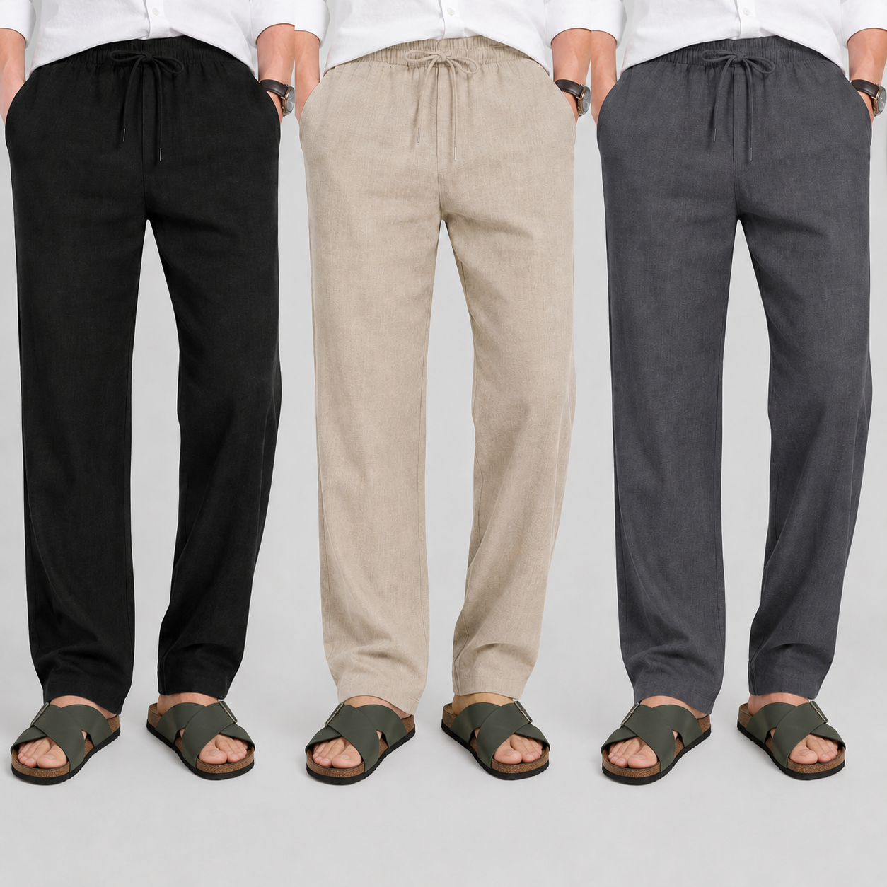Men's Loose Fit Pants – Dark Gray, Light Beige & Black | Pack of 3