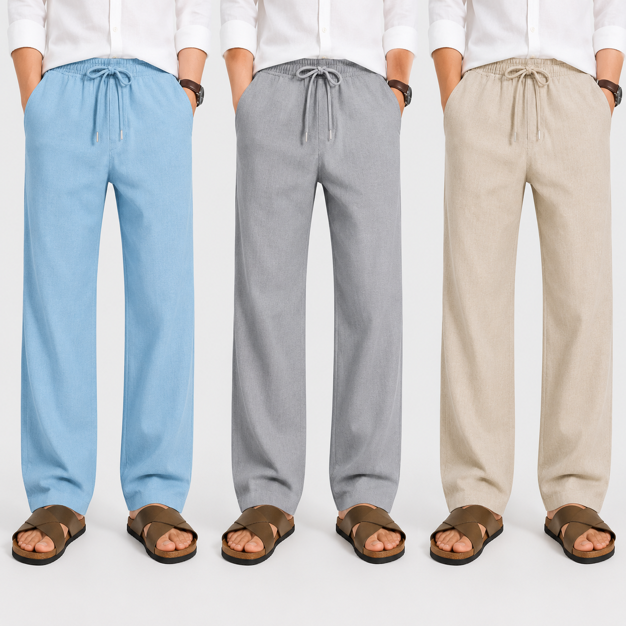Men's Loose Fit Pants – Light Blue, Gray & Beige| Pack of 3